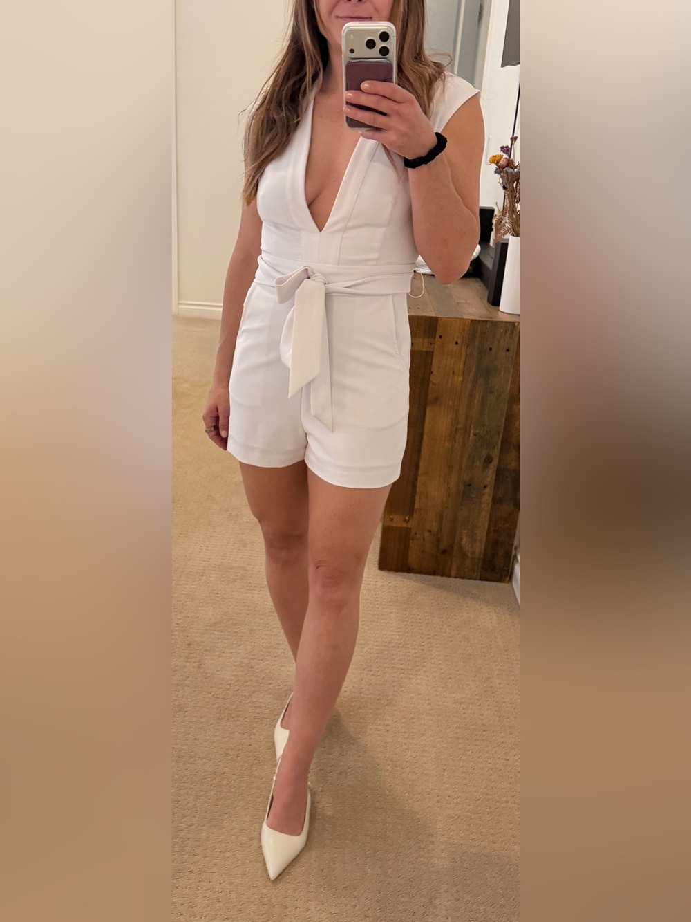 bebe Ivory Plunge V-Neck Romper with Waist Sash
